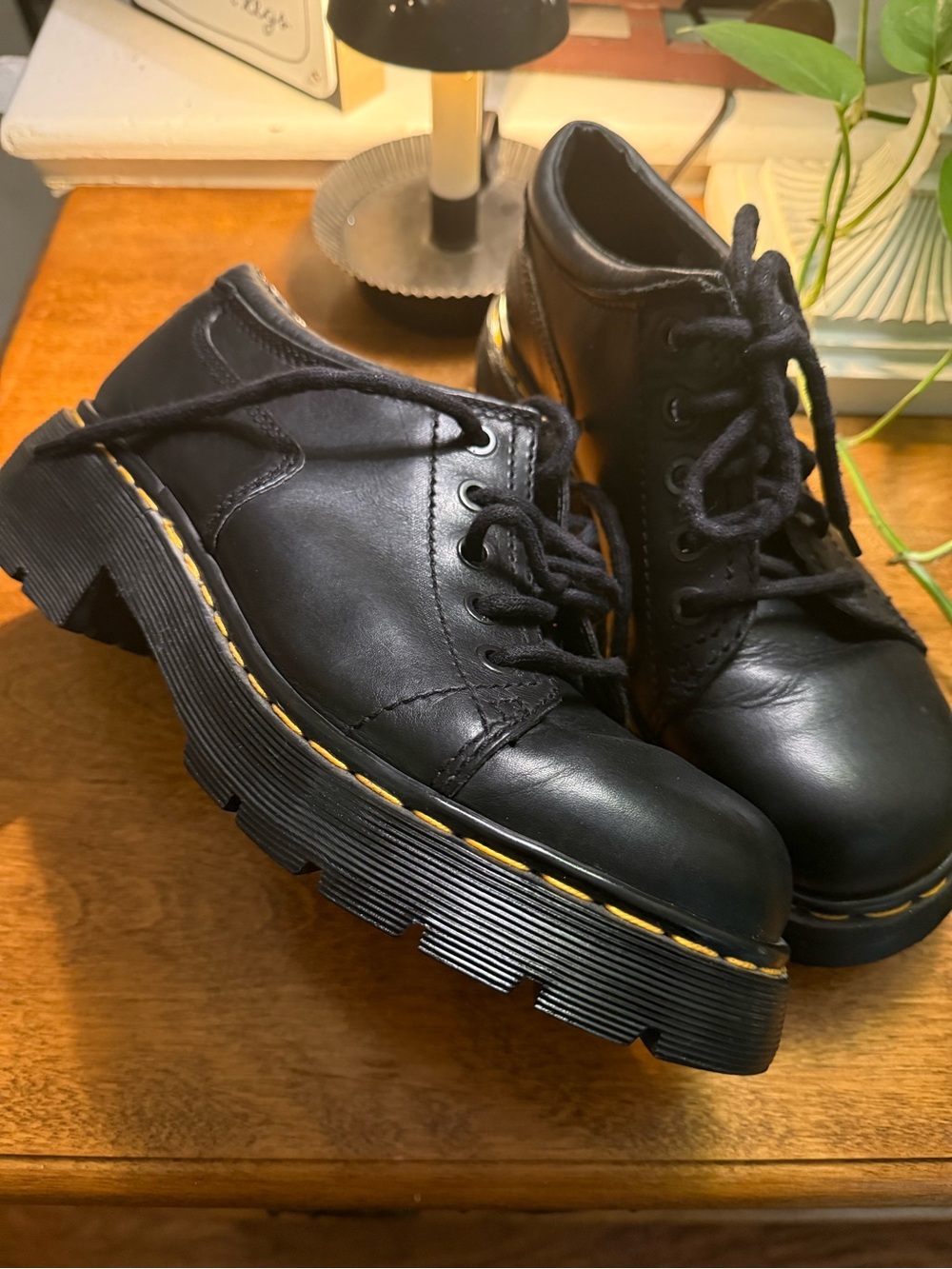 Dr. Martens Black Leather Lug-Sole Derby Shoes with Yellow Stitching